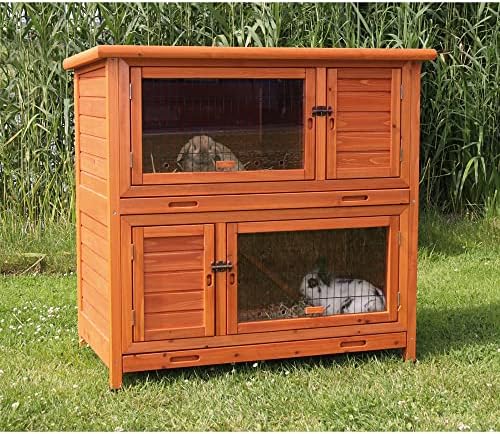 Trixie 2-Story Rabbit Hutch with Retreat Area, Non-Slip Ramp, Hinged Roof with Locking Arm, 4 Doors, 2 Metal Slide Latches, and Pull-Out Trays for Easy Cleaning