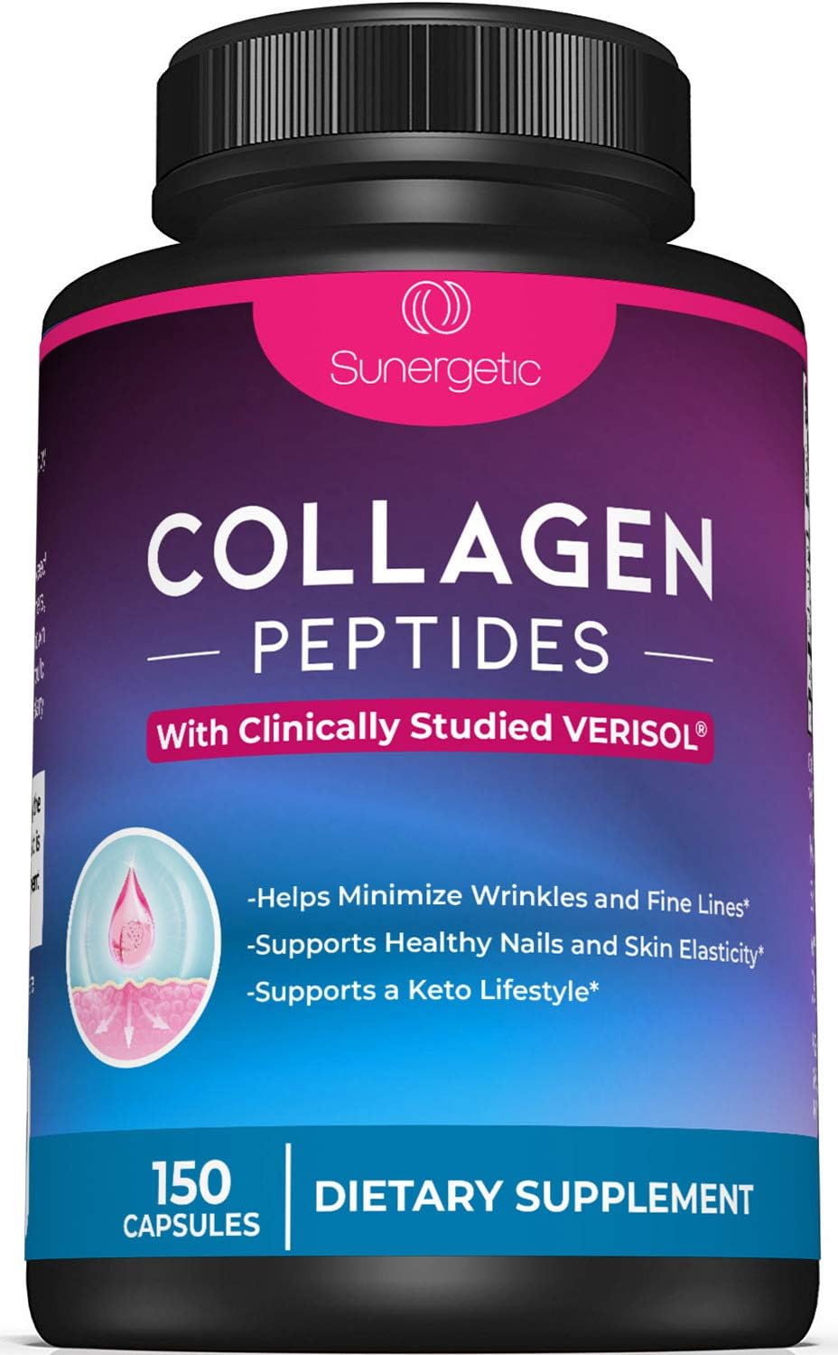 Sunergetic Premium Collagen Peptides Capsules – 2500 mg of VERISOL Collagen Peptides Type 1 & Type 3 – Multi Collagen Supplement to Support