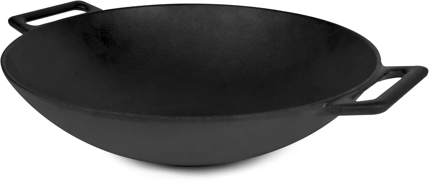 Jim Beam 12'' Pre Seasoned Heavy Duty Construction Cast Iron Grilling Wok, Griddle and Stir Fry Pan