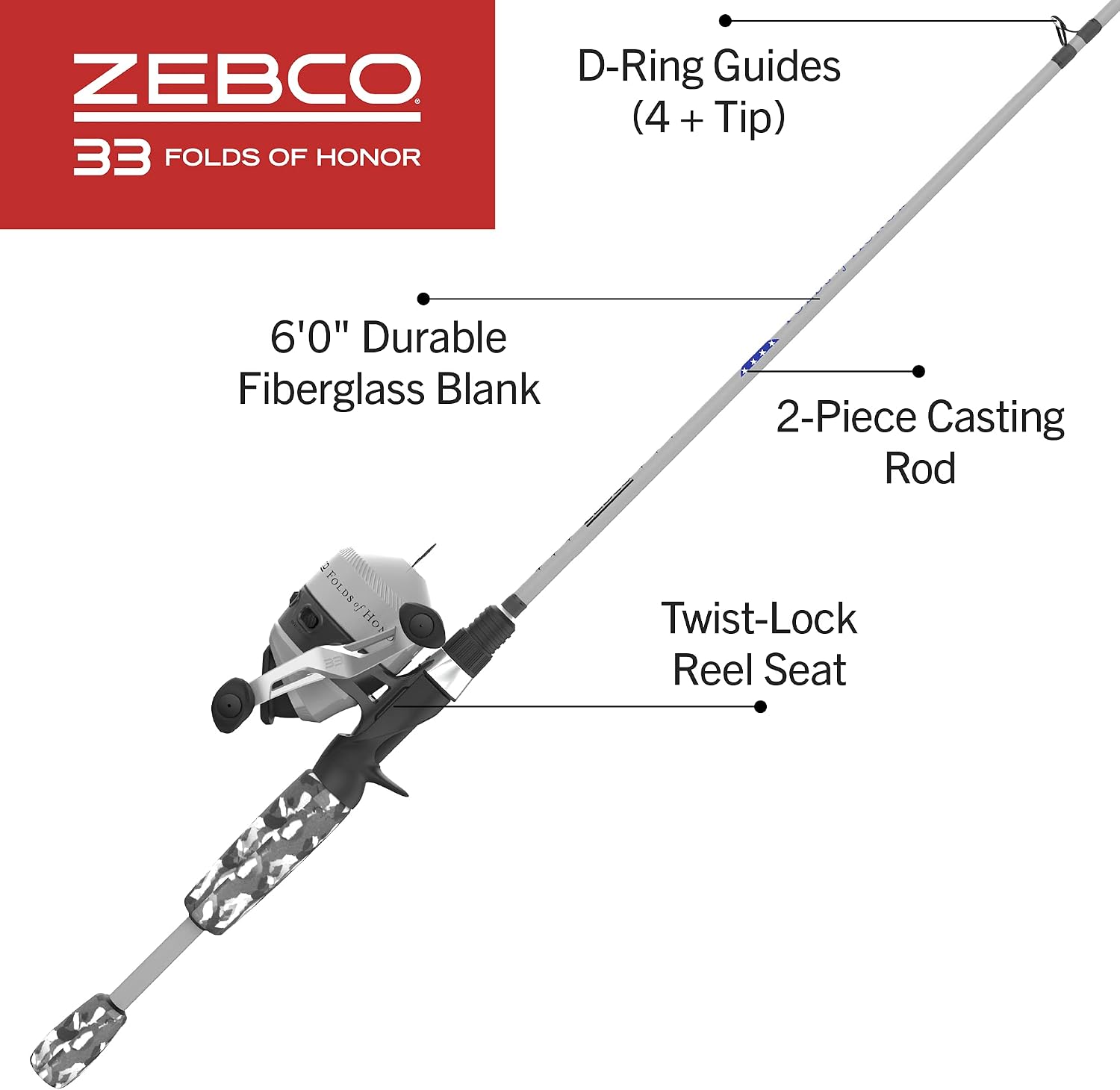 Zebco 33 Folds of Honor Spincast Reel and 2-Piece Fishing Rod Combo, 6-Foot Fiberglass Rod, Quickset Anti-Reverse Fishing Reel with Bite Alert
