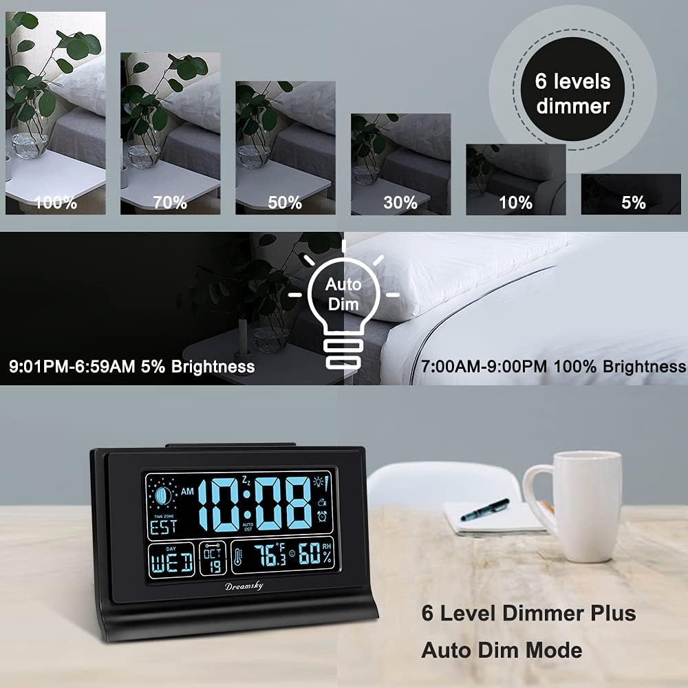 DreamSky Alarm Clocks for Bedrooms with Battery Backup, Auto Set | Digital Clock with Date & Day of Week, 5 Inch Large Display, Weekday, Temperature, USB Port, Auto DST, Brightness Dimmer