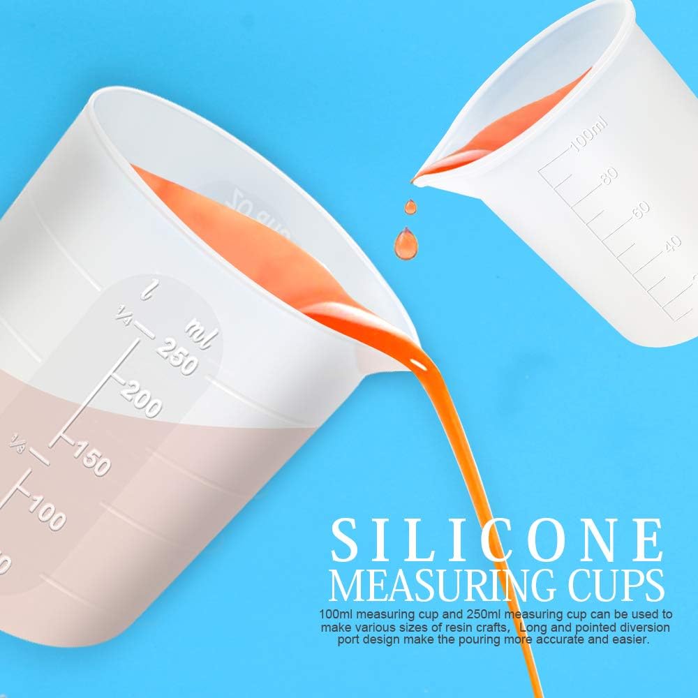 LEOBRO Silicone Measuring Cups for Epoxy Resin, 250 & 100ml Reusable Epoxy Resin Mixing Cups, Silicone Pouring Cup, with Stir Sticks, Finger Cots