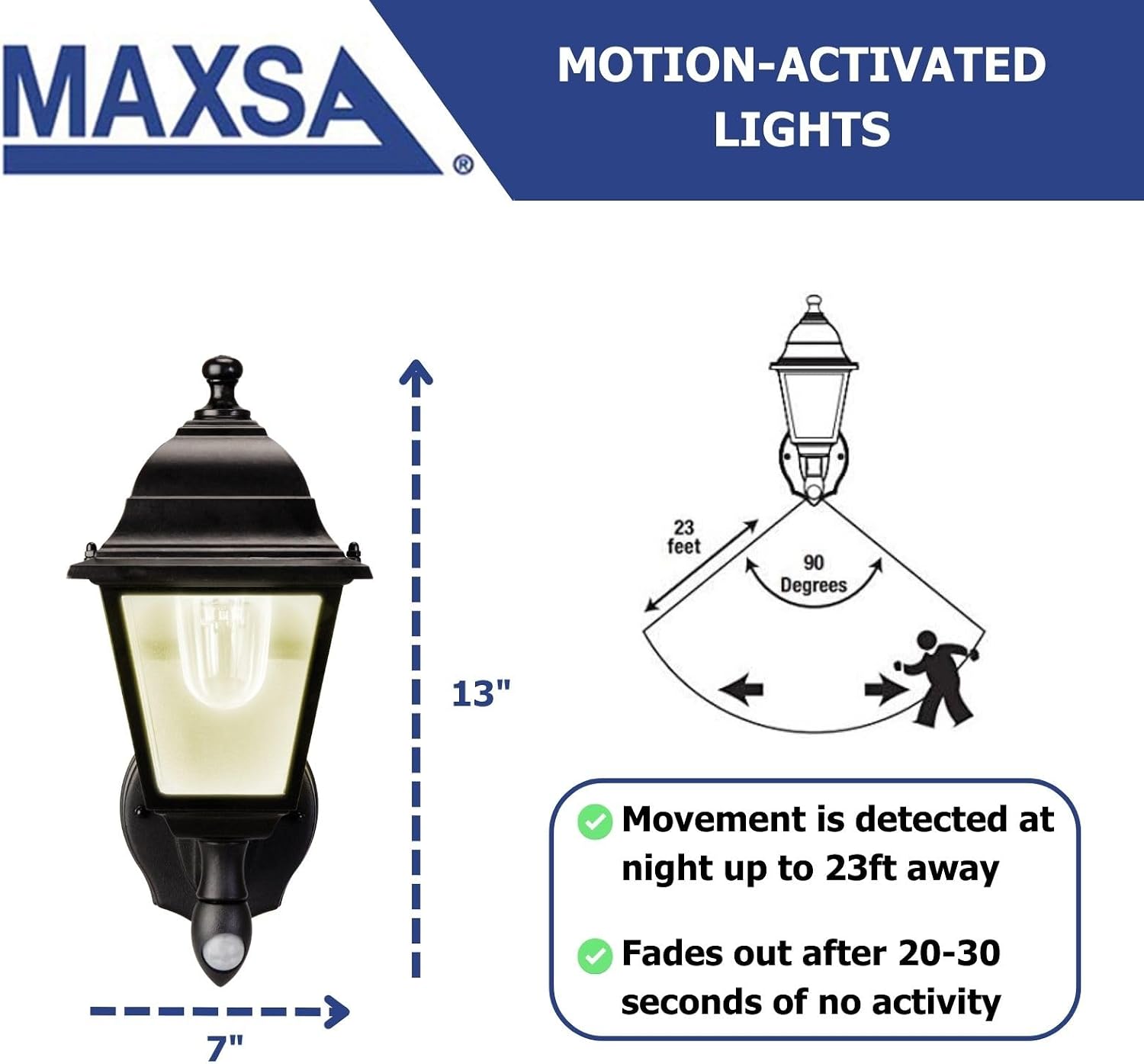 Maxsa 44219 Premium Wireless Battery-Powered Motion-Activated Decorative Outdoor Wall Sconce Lighting Fixture, Cool White LED, Metal Housing, Black
