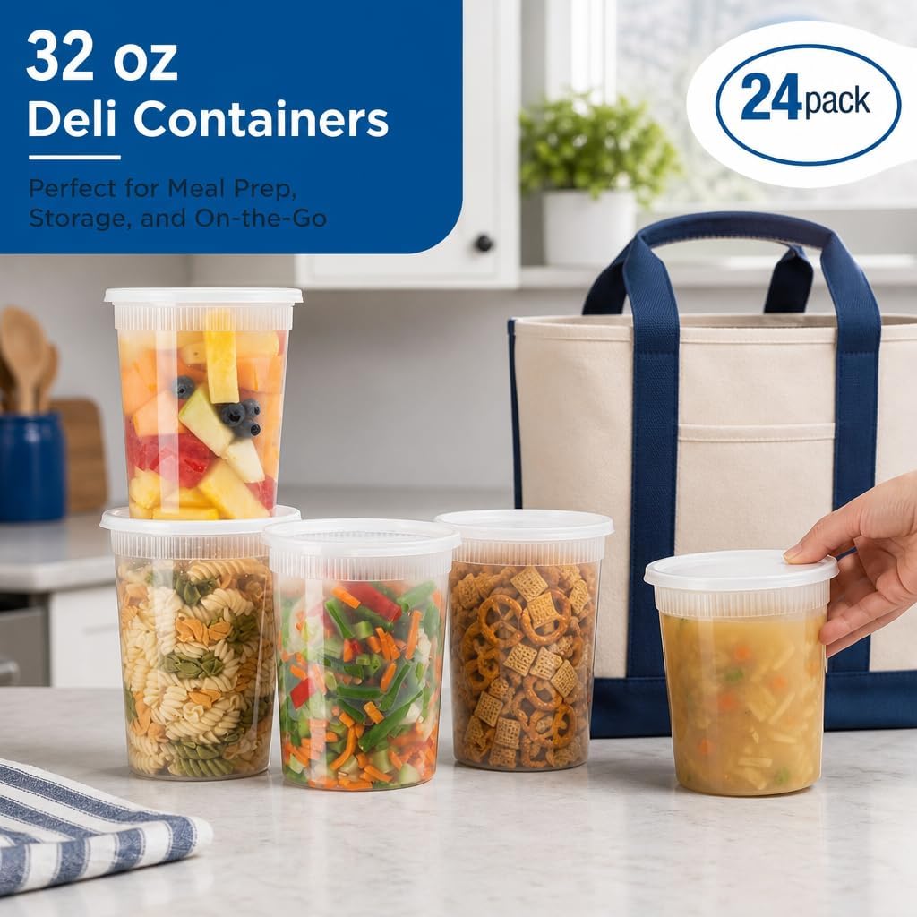 Basix Deli Containers with Lids, 32 Oz Leakproof Plastic, 24 Count | Microwave & freezer safe, for soup, snacks, leftovers, takeout & picnics