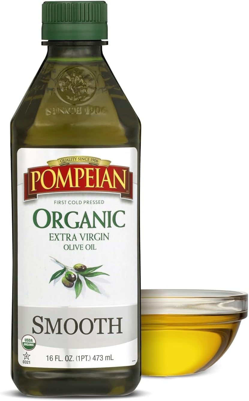 Pompeian Robust Organic Extra Virgin Olive Oil - 16 fl oz | First Cold Pressed Olive Oil for Cooking - Full-Bodied Taste for Dressings and Marinades