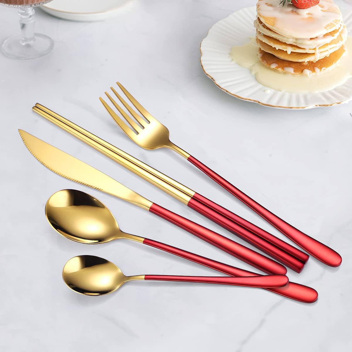 AARAINBOW 6 Pieces 18/8 Stainless Steel Flatware Set Portable Reusable Cutlery Set Travel Utensils Set Including Chopsticks Knife Fork Spoon Straws