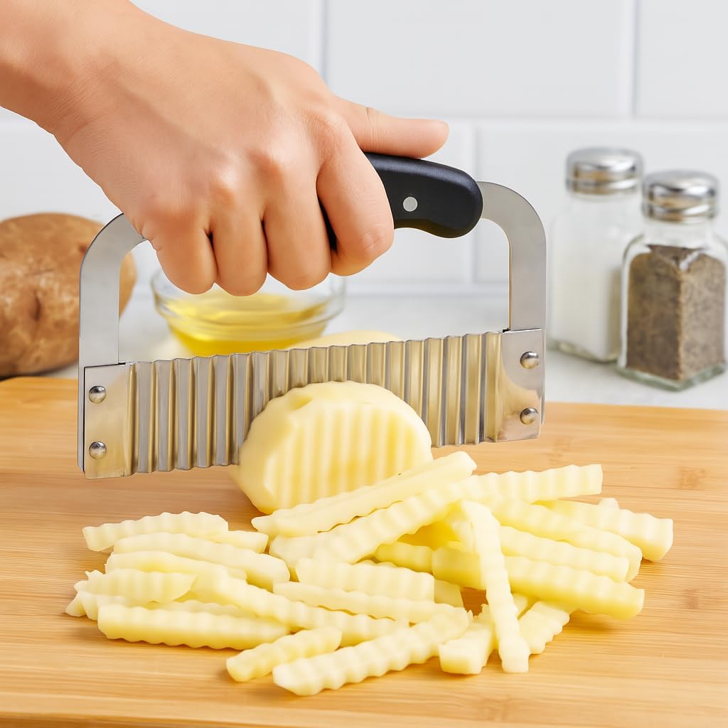 HIC Kitchen Crinkle-Cut Wave Slicer French Fry Vegetable Cutter, Stainless Steel Blade