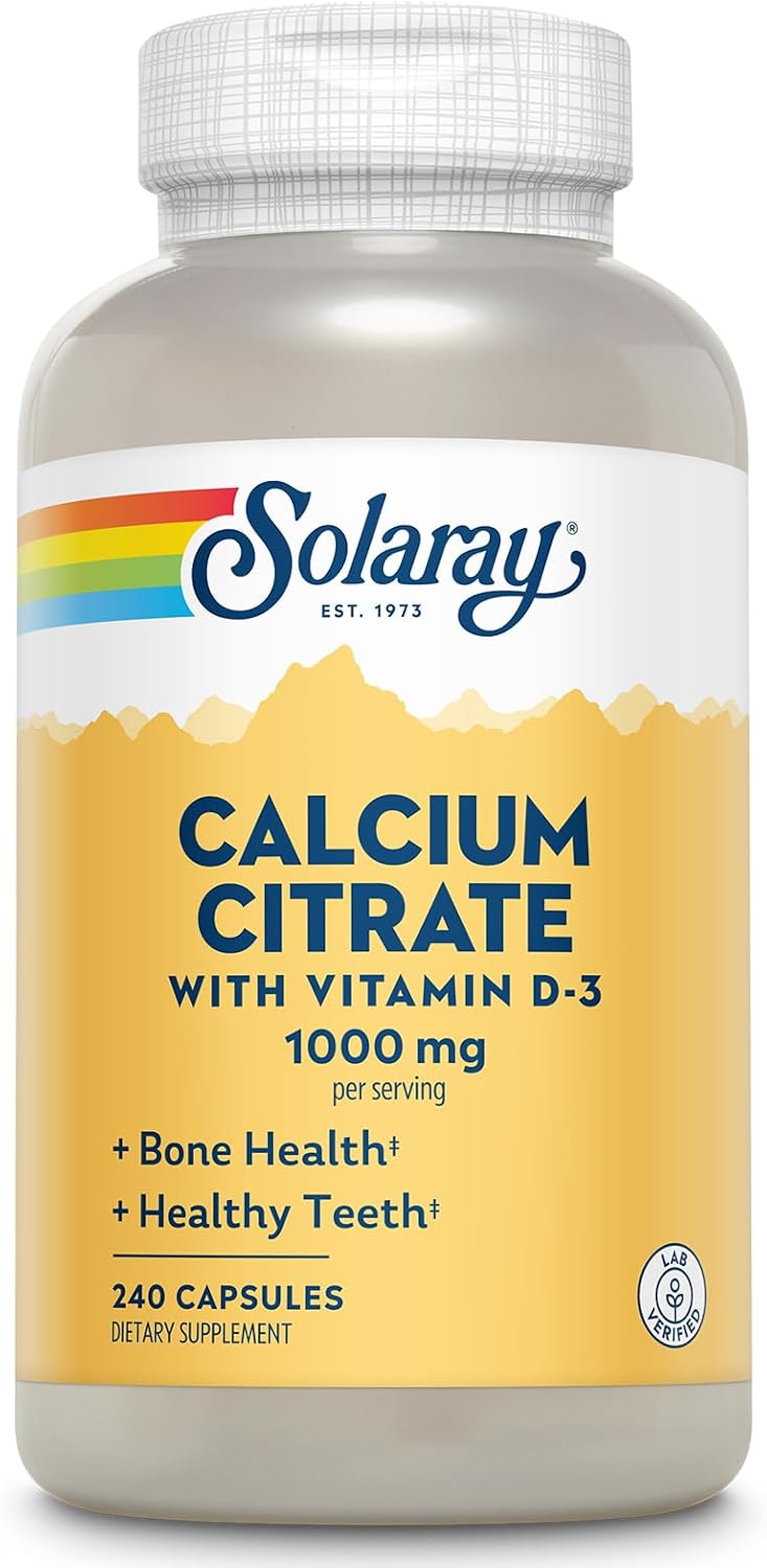 SOLARAY Calcium Citrate with Vitamin D3 1000 mg, 240 Capsules | Bone, Teeth, Muscle & Nerve Support - Gentle Digestion Formula - 60 Servings - Lab Verified