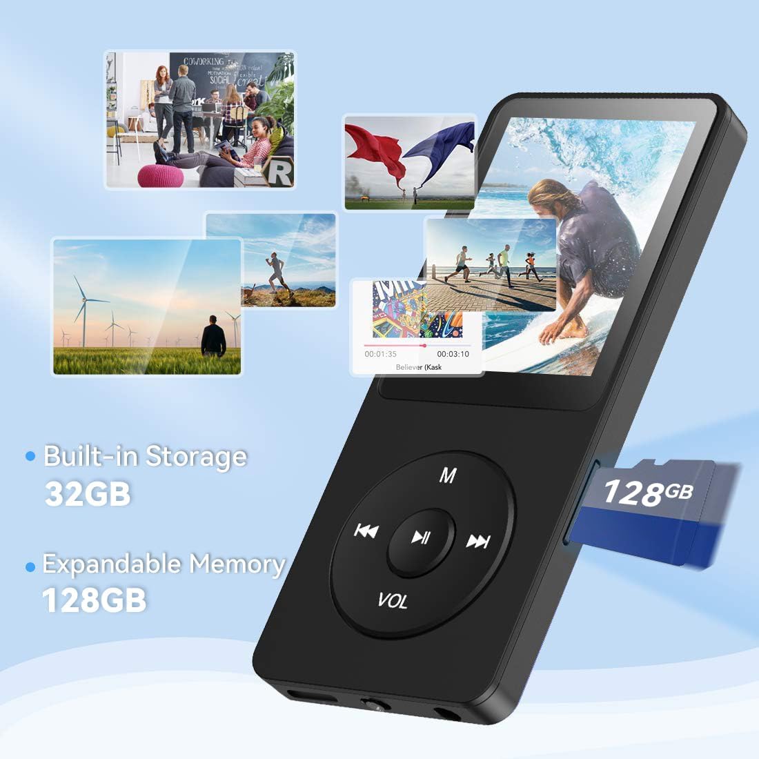 AGPTEK A02S 16GB MP3 Player, 65 Hours Playback Music Player, Dark Blue | Lossless Sound, Supports up to 128GB