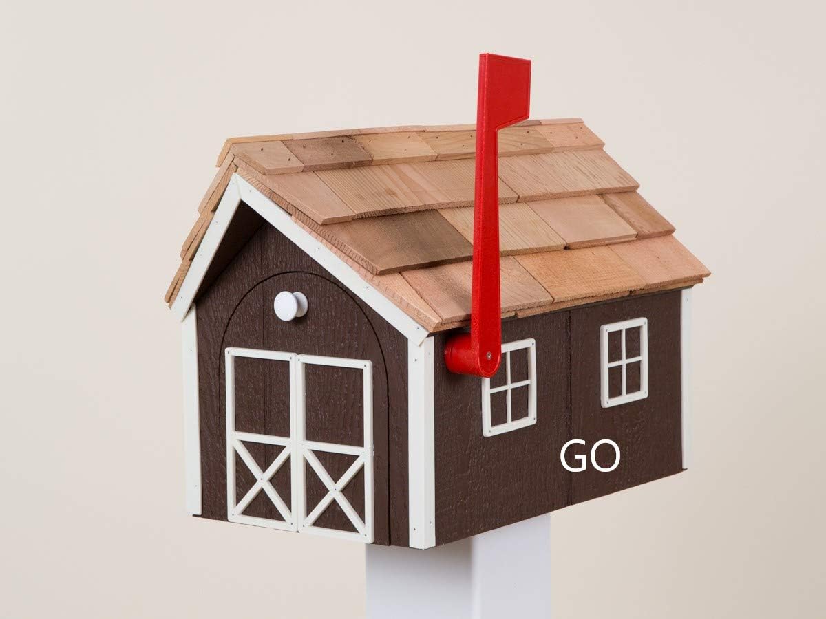 Amish Barnstyle Mailbox Brown with White Trim Cedar roof