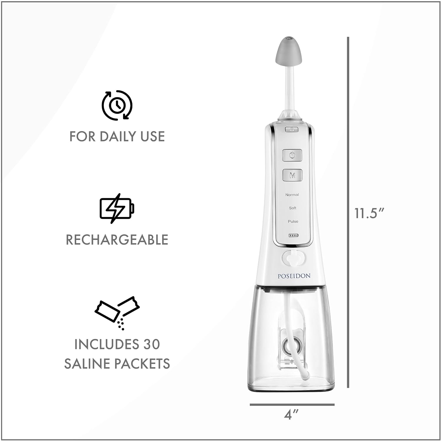 Nasal Irrigator with Bonus 30 Saline Packets - Irrigation for Sinus Relief - Nose Cleaner Aspirator System - Waterproof - 3 Pressures: Normal, Soft