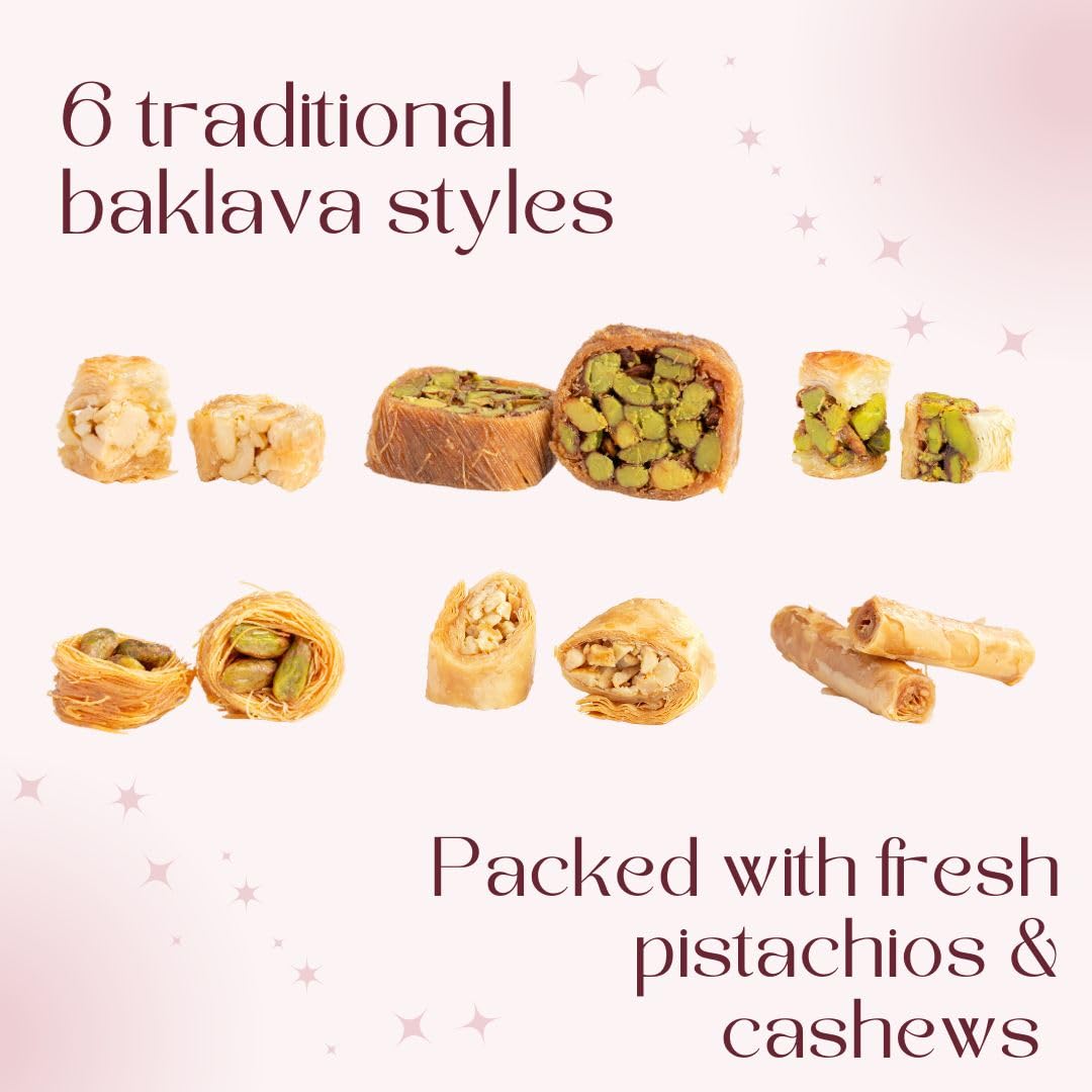Zaitoune Cashew & Pistachio Baklava Selection Box - 1.1 lb | Traditional Luxury Honey Pastry | Arabic Dessert with Authentic flavors in Beautiful