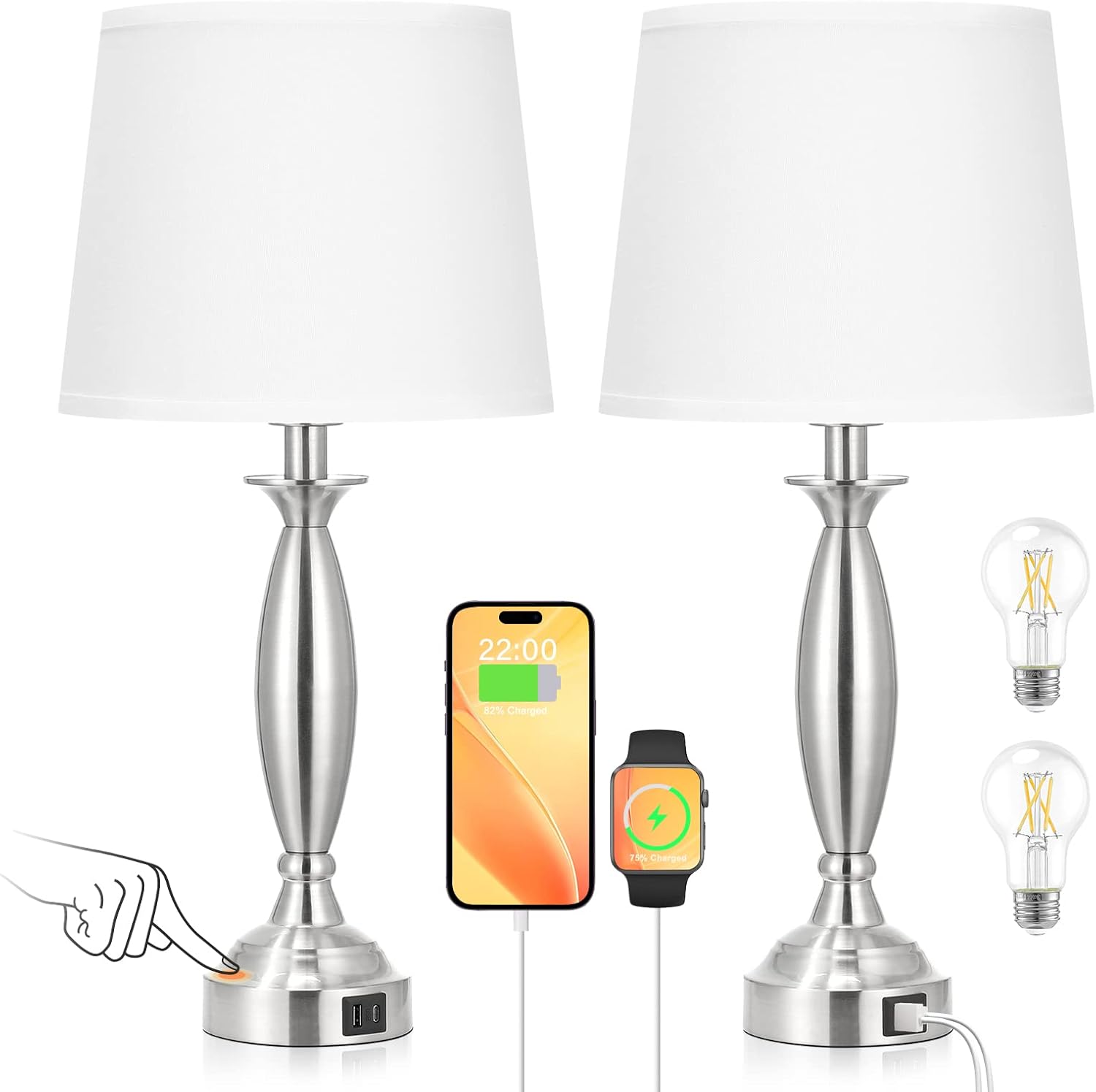 Bedroom Lamps for Nightstand, 3 Way Dimmable Silver Bedside Lamps with USB | Touch, USB C+A Ports, Bulb Included, White Shade, Silver, Chrome