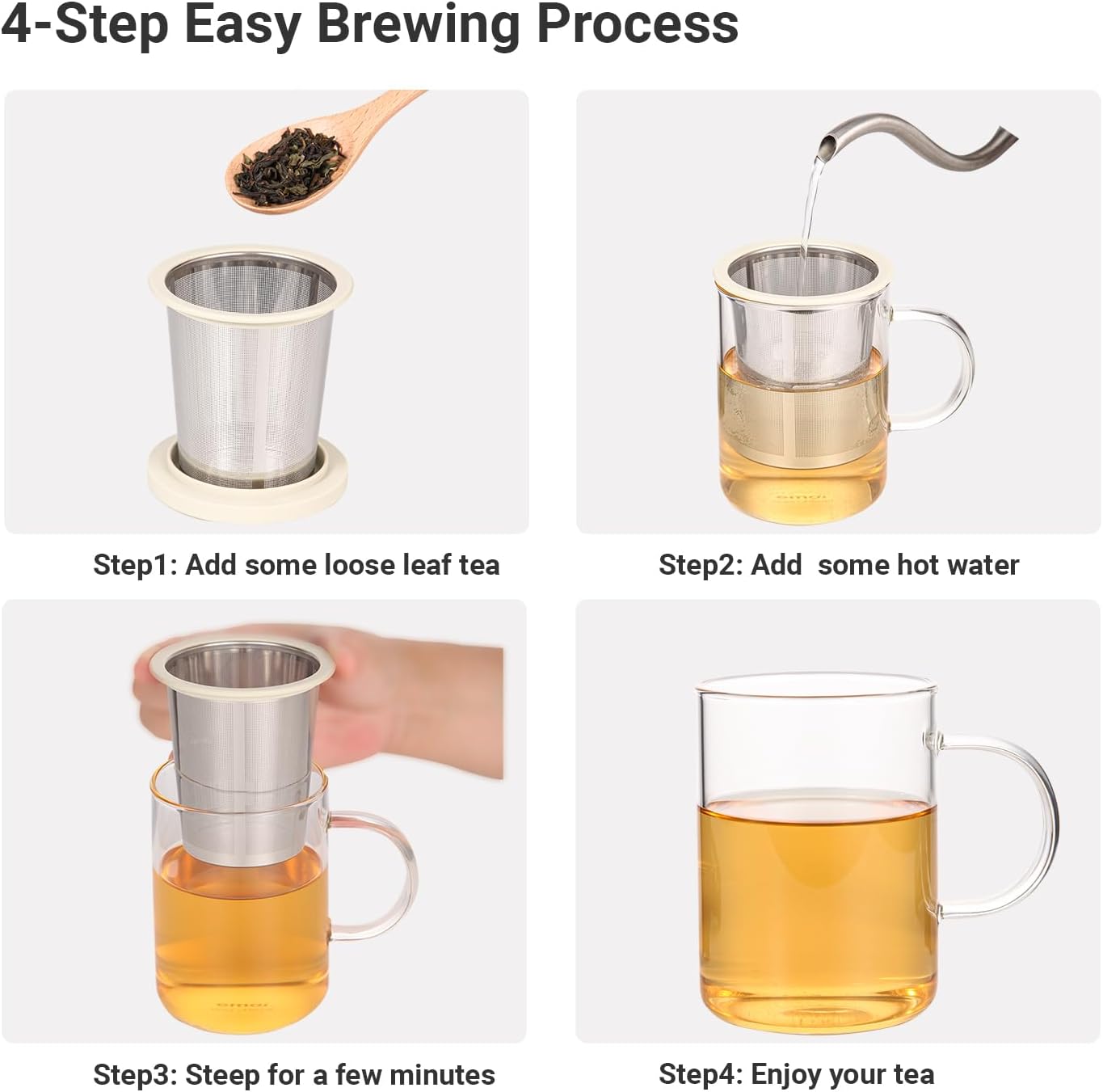emoi 15 oz Glass Tea Cup with Infuser & Lid, Ideal for Loose Leaf Tea, Gray | Tea Mug with Extra Fine Mesh 304 Stainless Steel Steeper & Silicone Lid