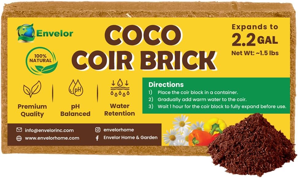 Envelor Organic Coco Coir Brick 10 Lbs. Coir Block Coconut Fiber Growing Medium Potting Soil Mix Coco Peat Media Coir Pith Indoor Outdoor Planters Vegetable Garden Beds