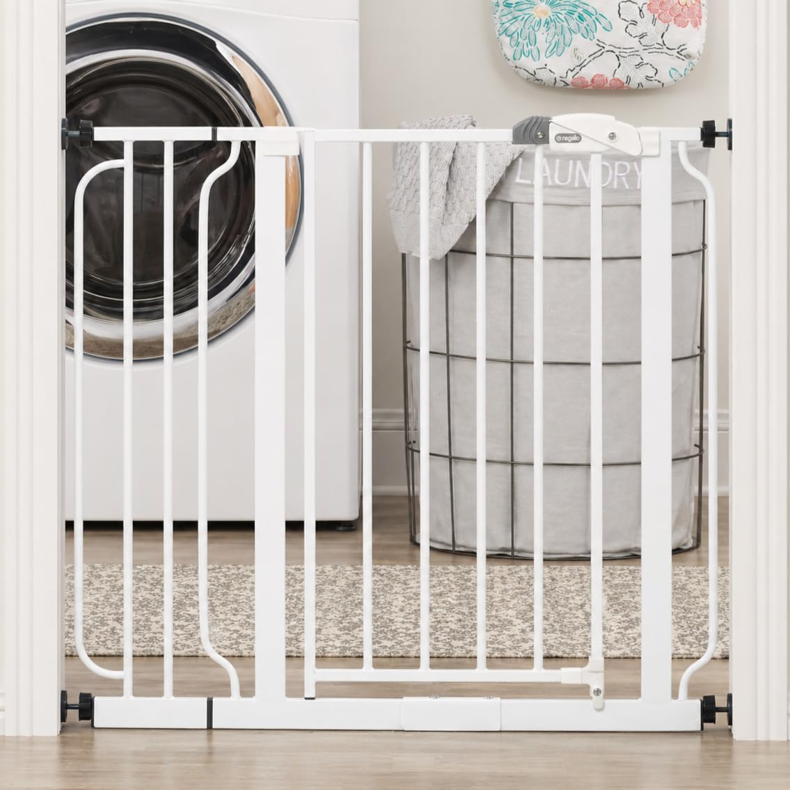 Regalo Safety 29"-49" Extra Wide Baby Gate, Bottom of Stairs & Doorways | Pressure Mounted with Door, For Babies, Toddlers & Pets, White, Tested & Trusted for 30 Years