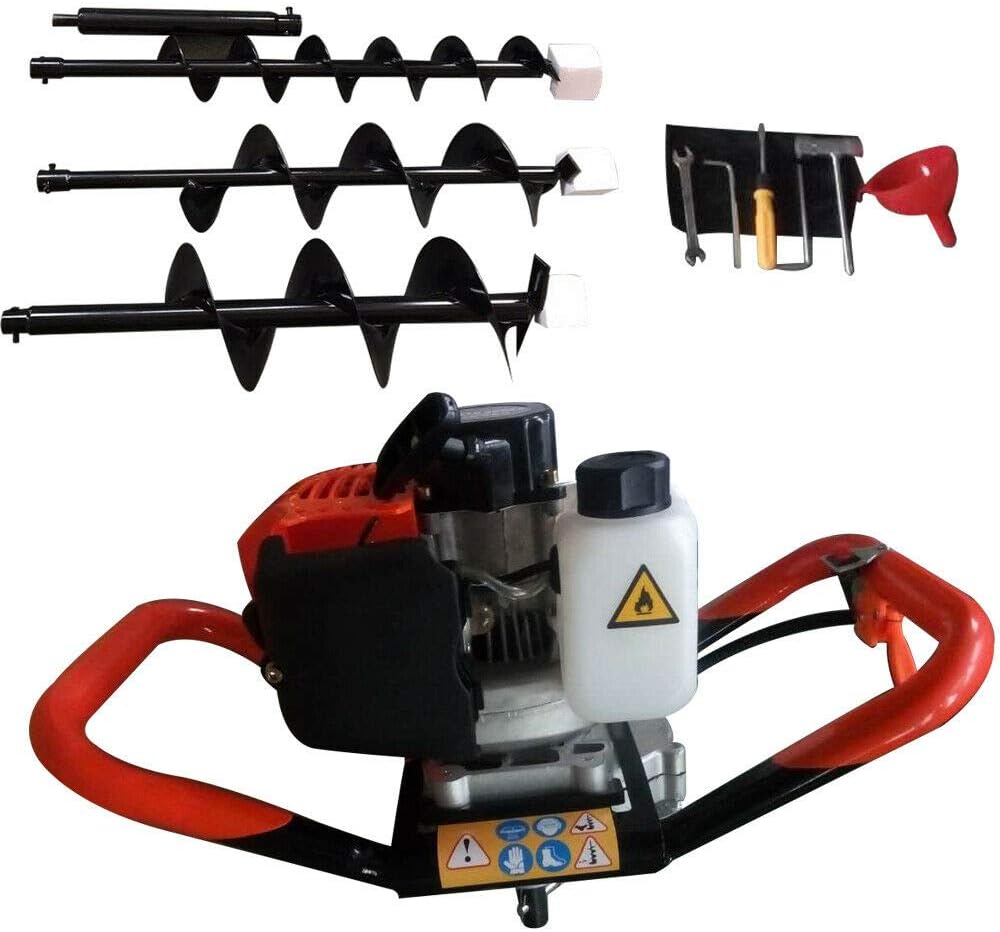 52CC Auger Post Hole Digger 2-Stroke Gas Powered Earth Auger Digger 1700W Gasoline Garden Fence Plant Soil Digging Tool with 3pcs Drill Bit Set and