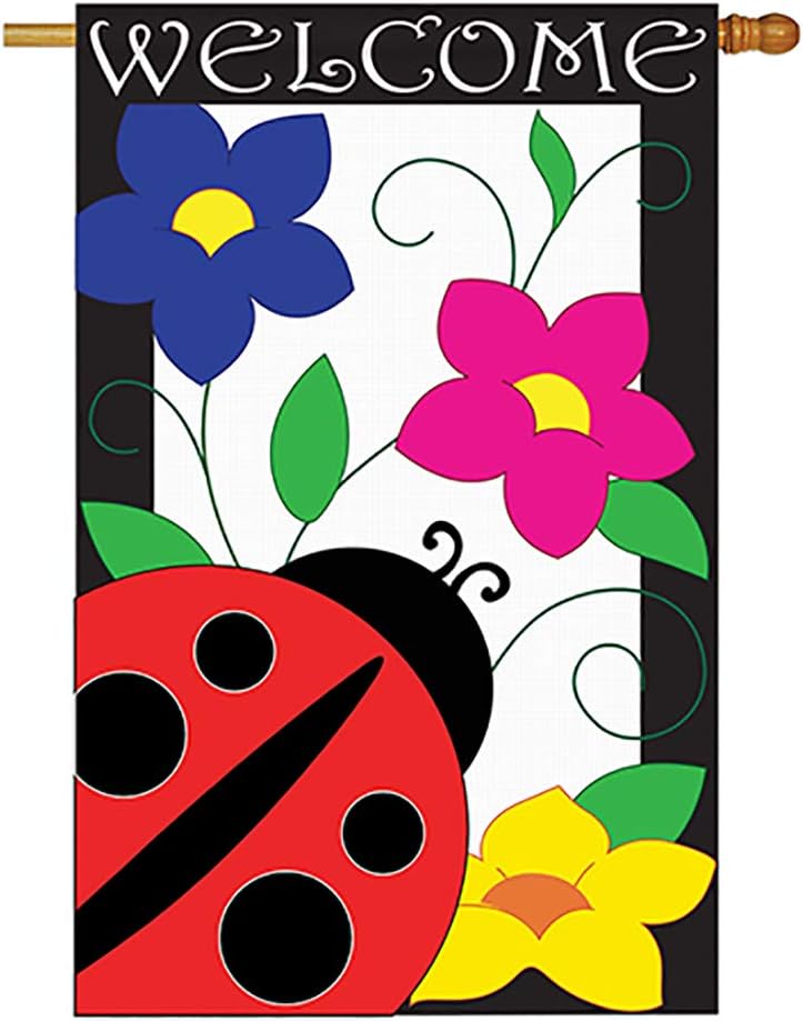 Two Group - Spring Ladybug Garden Friends - Everyday Bugs & Frogs Applique Decorative Vertical House Flag 28" x 44"