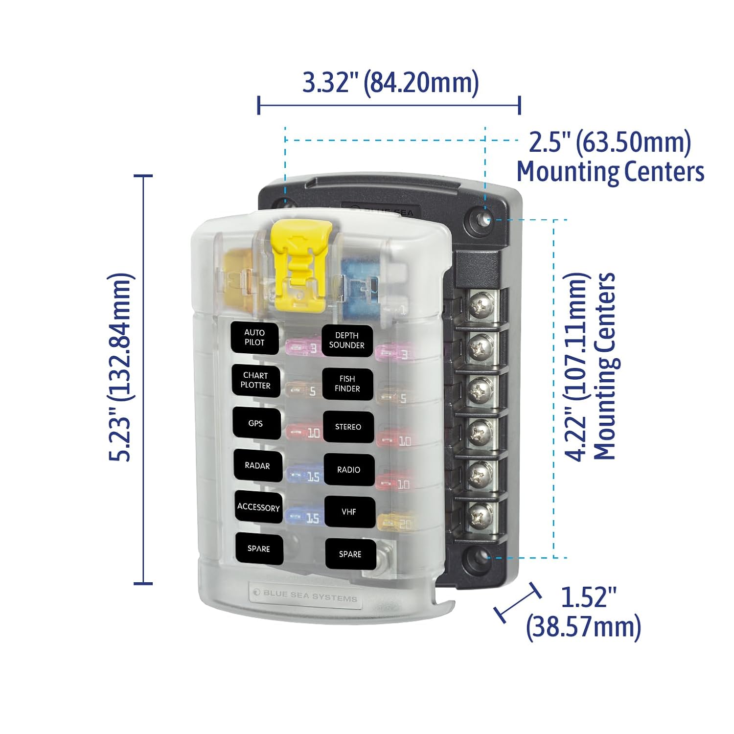 Blue Sea Systems ST Blade Fuse Block 6 Way Circuits with Negative Bus and Cover, 100 Amps, 5025
