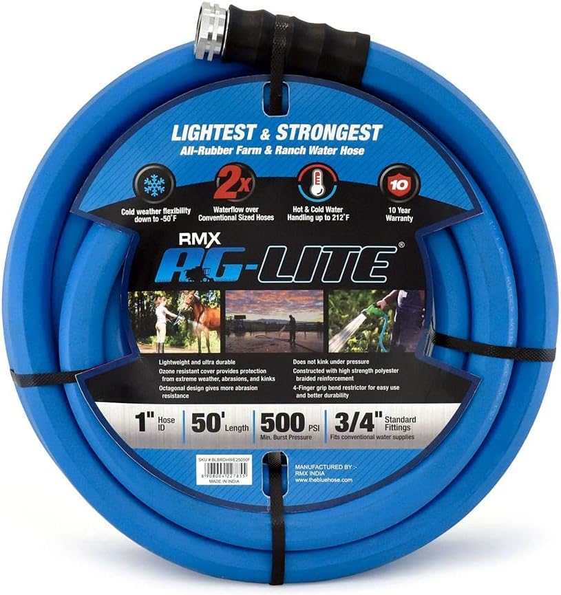 AG-LITE BSALONE50 1" x 50' Hot/Cold Water Rubber Garden Hose, 100% Rubber, Ultra-Light, Super Strong, 500 PSI, 50F to 190F Degrees