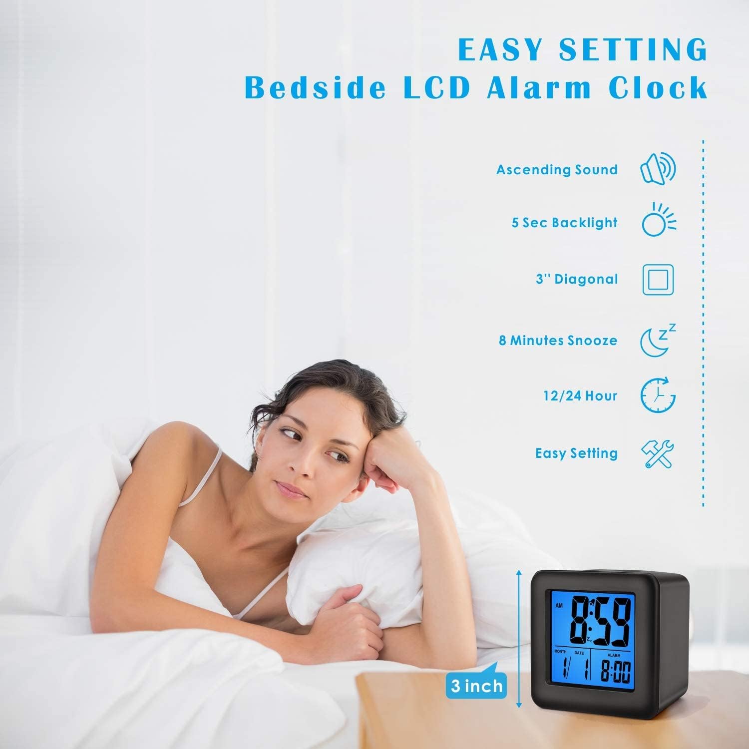 Plumeet Digital Alarm Clock Kids Clock with Snooze and White Nightlight - Easy Setting Travel Alarm Clocks Display Time, Date