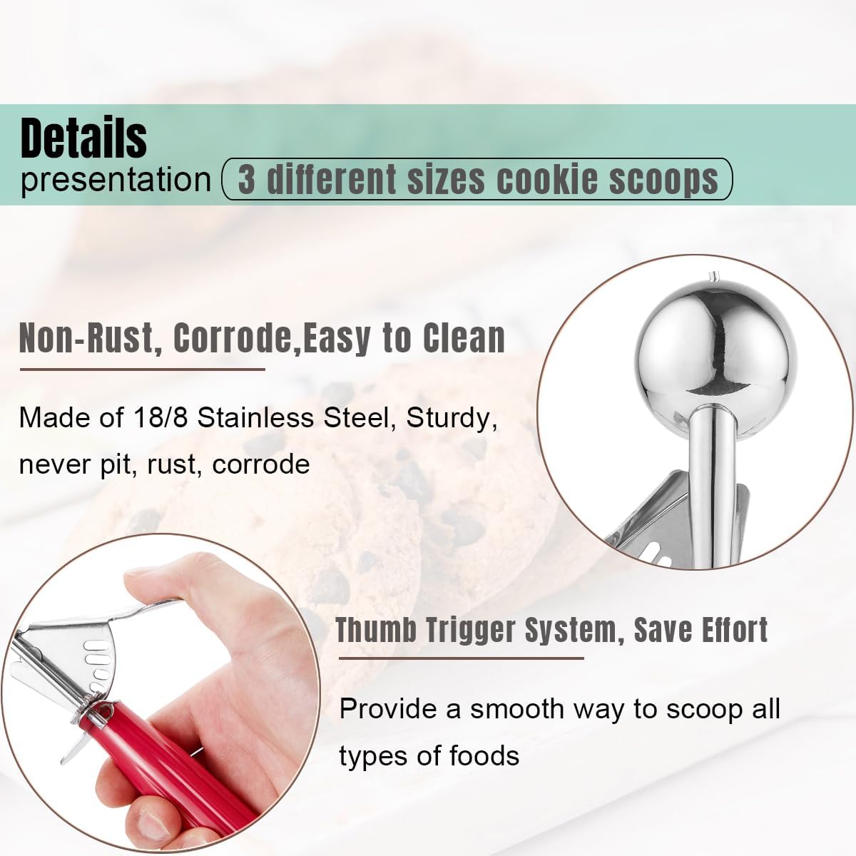 Saebye Cookie Scoop Set, Ice Cream Scoop Set, Cookie Scoops for Baking, Multiple Size Large-Medium-Small Size Disher