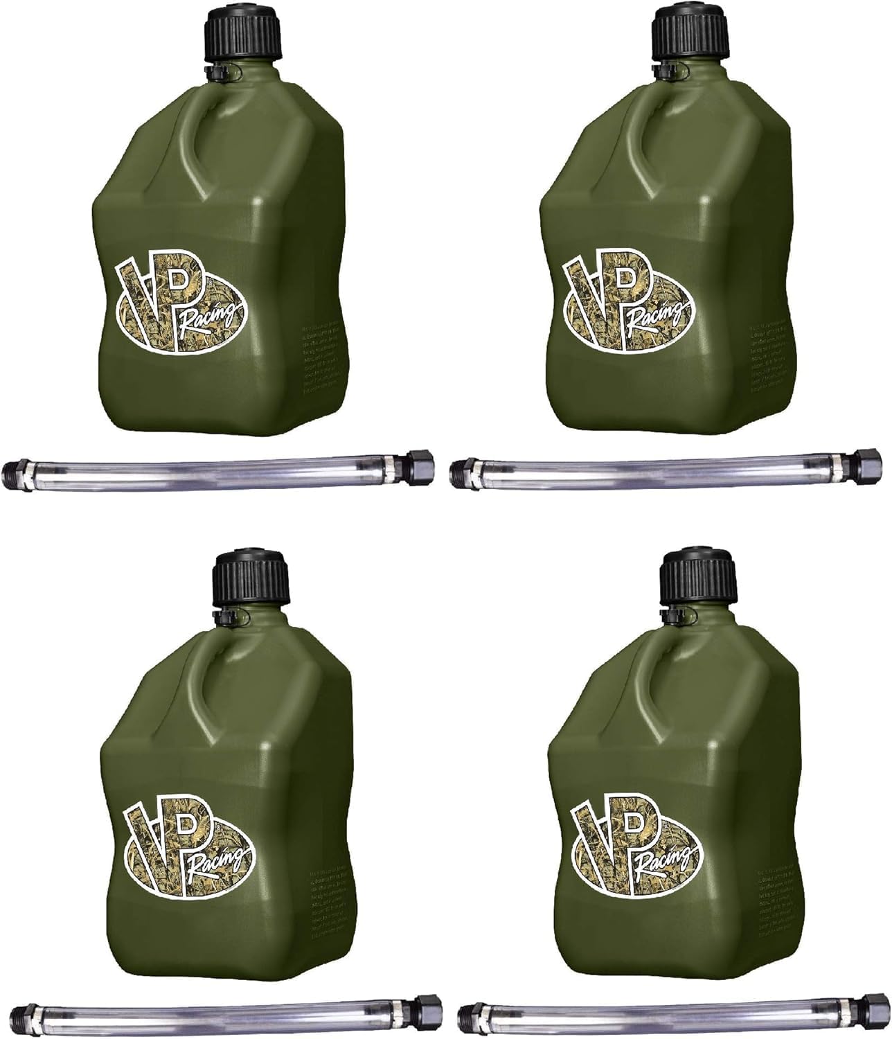 VP Racing 3842-CA 5.5 Gallon Square Motorsport Jug, Camo w/ 14' Standard Hose (4 Pack). Features A Close-Trimmed Cap and Neck For Tighter Seal.