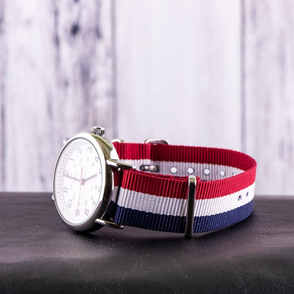 Clockwork Synergy® - Classic SS Nylon Ballistic Watch Band Straps - Red/White/Blue - 22mm Interchangeable Replacement Military Watch Strap
