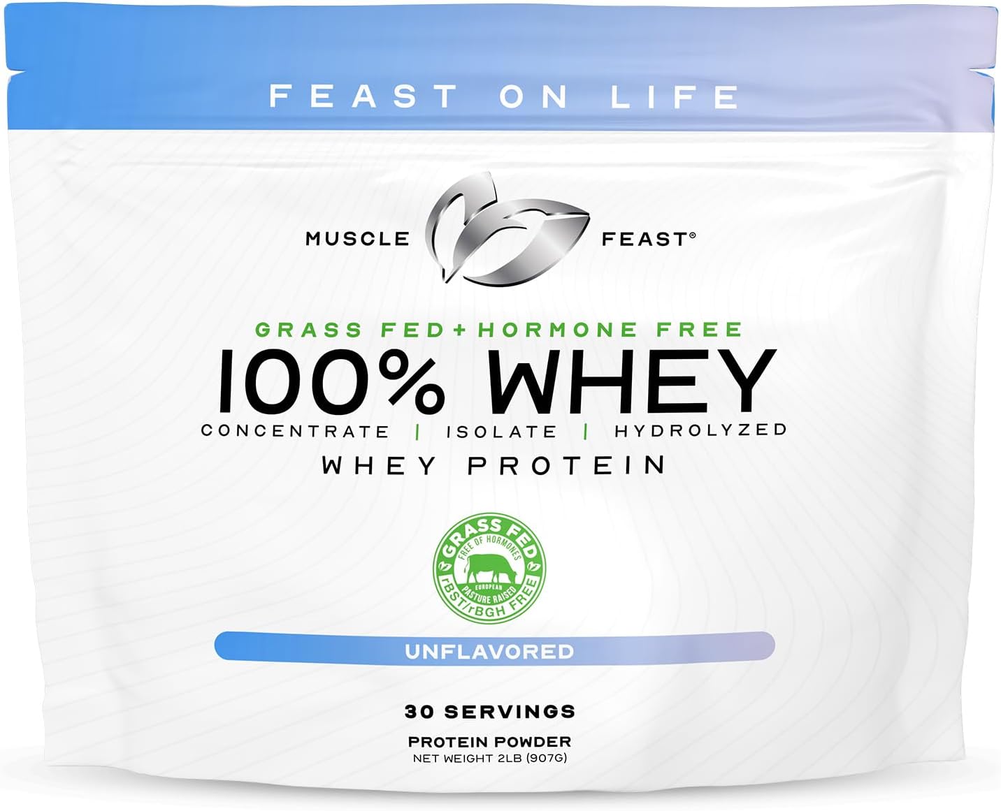 Muscle Feast 100% Grass Fed Whey Protein Powder Blend, Chocolate (2lb) | Whey Concentrate, Isolate & Hydrolyzed Protein Powder, All Natural, Hormone Free Pasture Raised Whey Protein for Women & Men