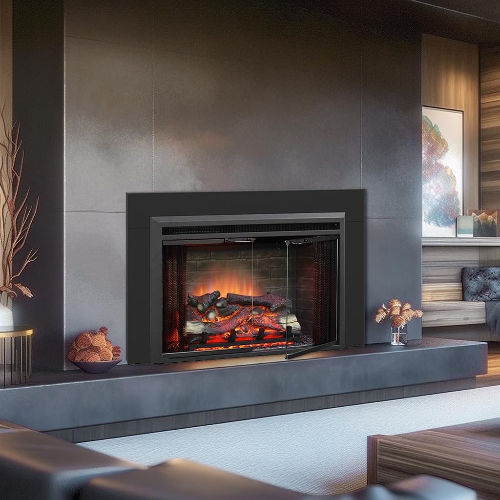 PuraFlame Klaus Electric Fireplace Insert with Fire Crackling Sound, Glass Door and Mesh Screen, 750/1500W, Black, 29 15/16 Inches Wide