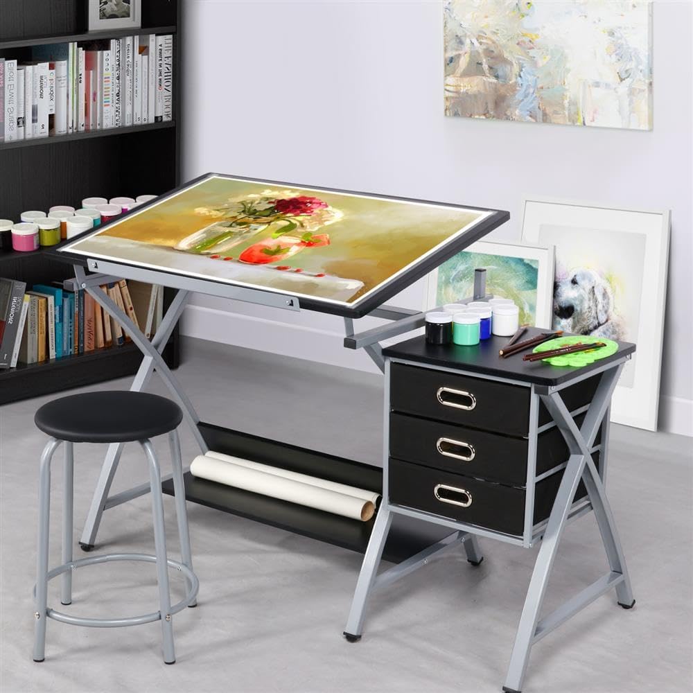 Yaheetech Drafting Table with Storage & Stool