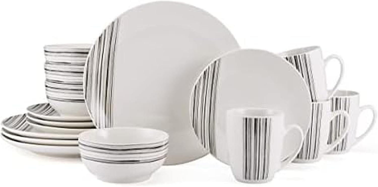 Studio Nova Kendall 16 Piece Dinnerware Set - White Porcelain Modern Tableware with Coupe Shapes & Unique Rim Design - Includes Dinner Plates Bowls