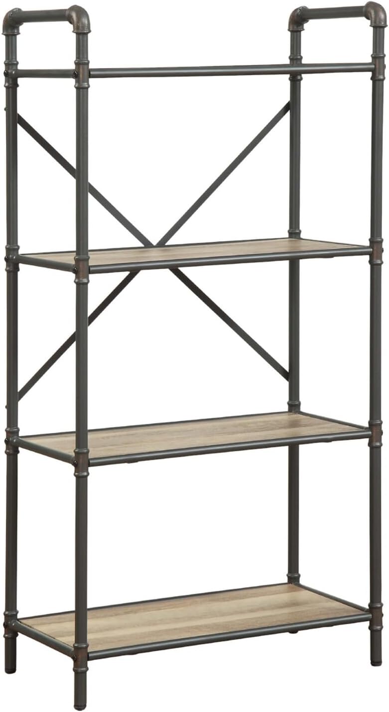 Benjara Benzara Four-Tier Metal Bookshelf with Wooden Shelves, Brown and Grey,