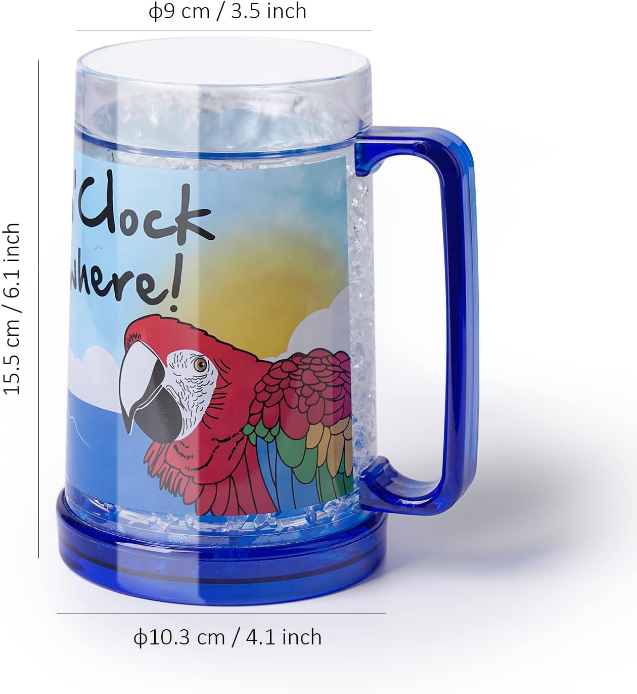 It's 5 O'Clock Somewhere Party Parrot Double Wall Gel Frosty Freezer Ice Mugs Clear 16oz Set of 2