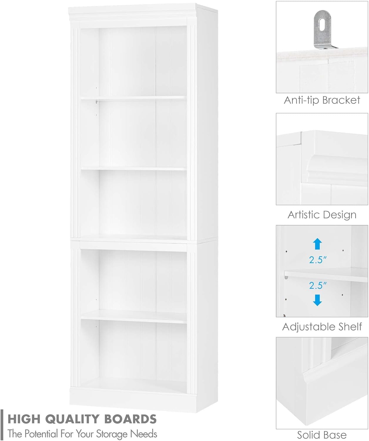 Spirich White Bookshelf, 5-Tier Tall Bookcase with Adjustable Shelves | 13.4-Inch Depth, Anti-Tip Device, Water-Based Finish, FSC-Certified Wood