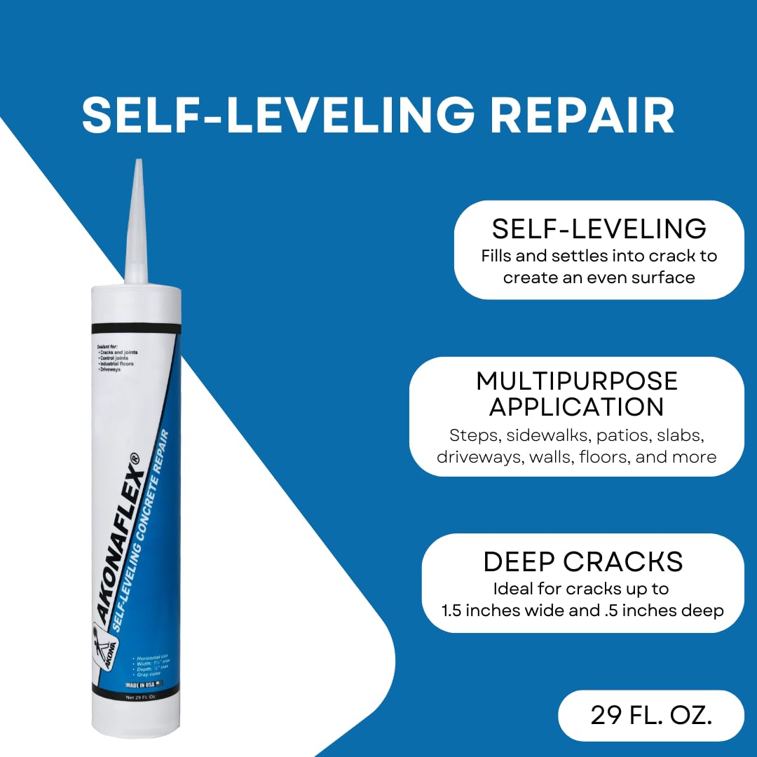 Akonaflex Self-Leveling Concrete Repair, 10 Ounces | Concrete Caulk Compound, Self-Leveling Expansion Joint Sealant, Filler for Repairing Cracks, Floors