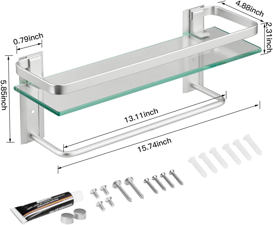 VOLPONE Bathroom Wall Shelf 15.7in Bathroom Glass Shelves Wall Mount Glass Shelf Rustproof Bathroom Wall Organizer 3 Tier (Sliver)