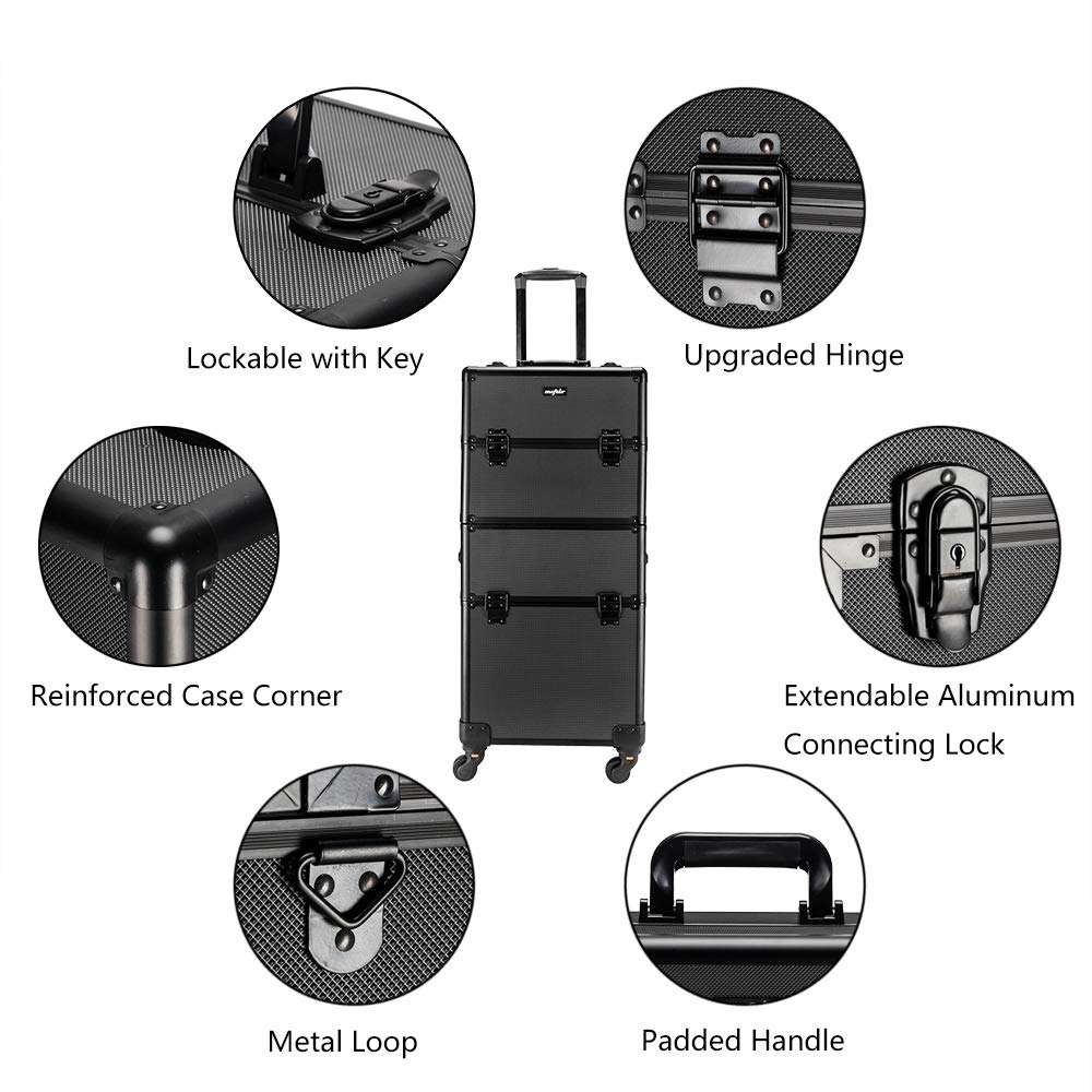 mefeir 2 in 1 Rolling Makeup Train Case Professional Cosmetic trolley on Wheels Aluminum Nail Cart Cosmetic Suitcase for professional makeup artist, Luggage Lockable w/4 Removable Wheels (Black)