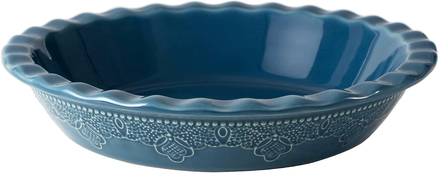Fun Elements Pie Pan, 9 Inch Ceramic Pie Dish, Deep Dish Pie Pan with Lace Emboss, Ruffled Pie Plate for Baking