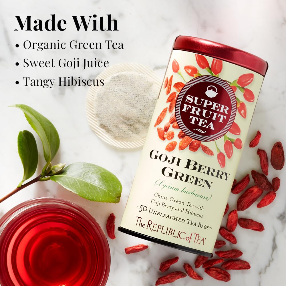 The Republic of Tea SuperFruit Goji Berry Green Tea, Low Caffeine, 50 Count | A gentle cup for everyday sipping. Fresh with notes of bright tartness. Gluten Free and Carb Free.