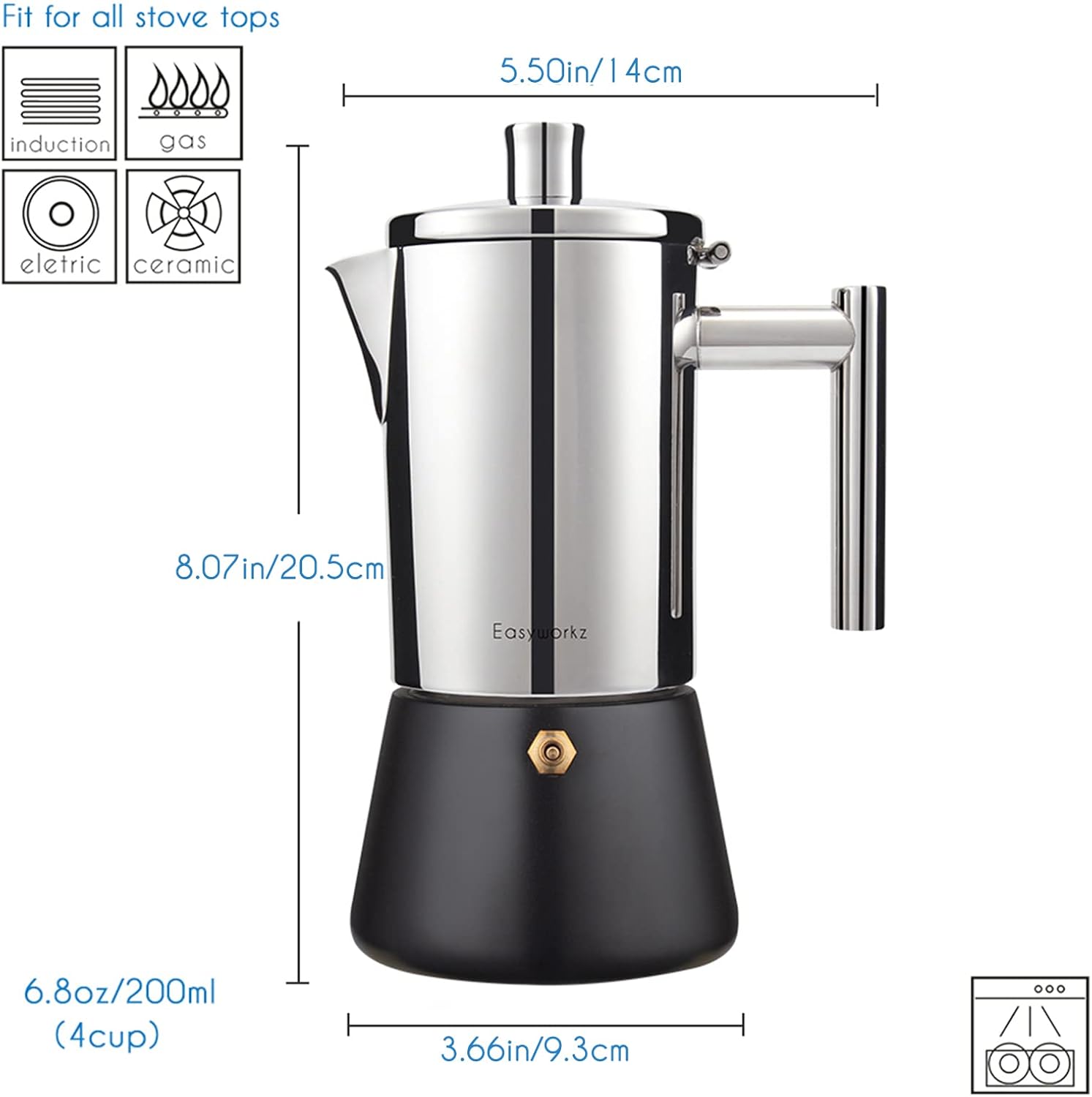 Easyworkz Diego Stovetop Espresso Maker Stainless Steel Italian Coffee Machine Maker 6Cup 10 oz Moka Pot Induction Espresso Pot