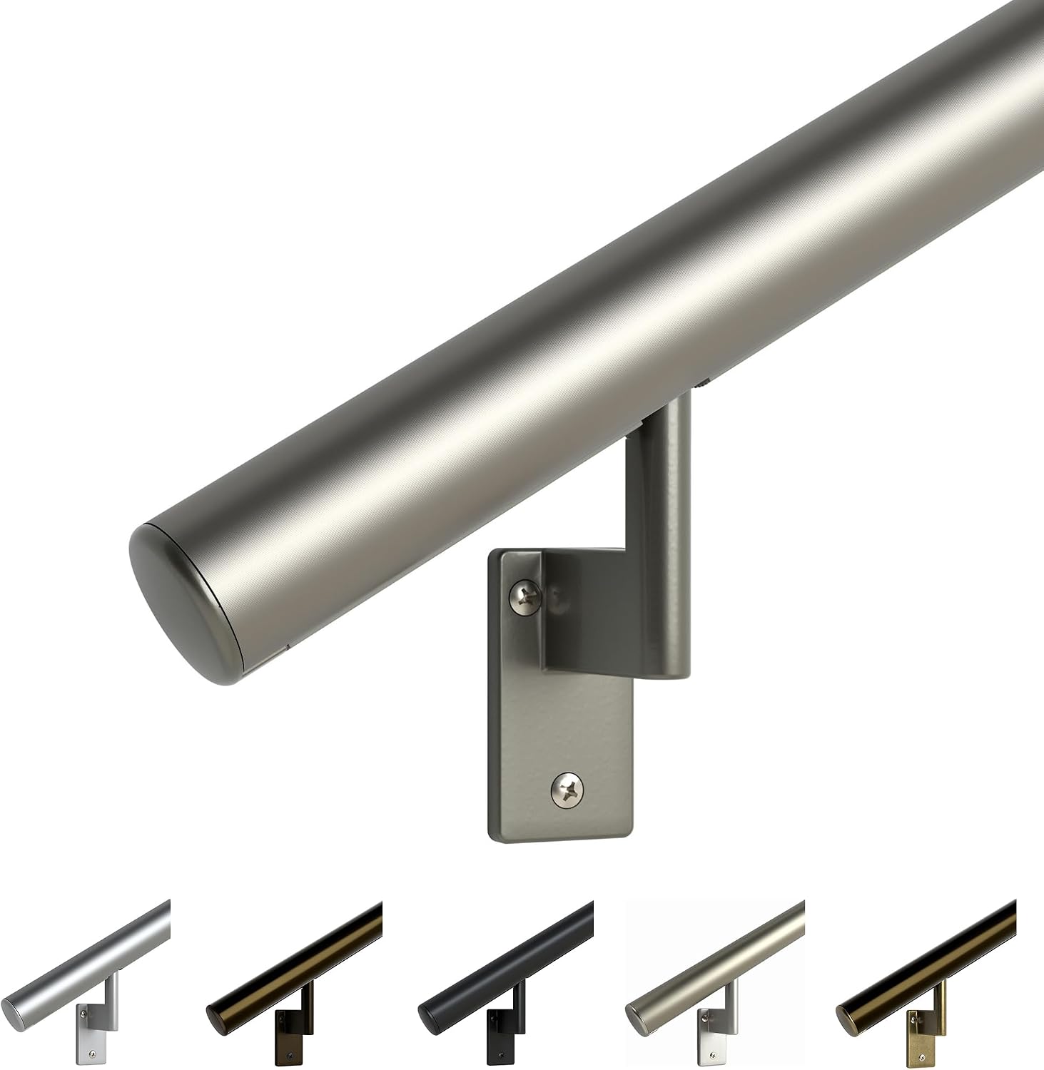 Promenaid Silver 3ft Flush Handrail Kit - Complete Indoor/Outdoor Stair Handrail - Modern 1.6" Round Satin-Anodized Aluminum Railing with 2 Silver