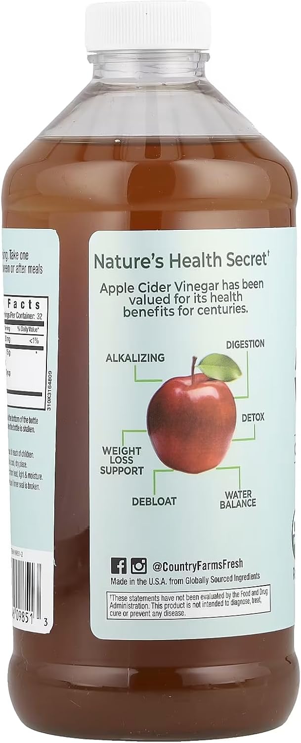 Country Farms Organic Apple Cider Vinegar Tonic, Cleanses and Detoxifies, Helps Balance Fluids, Supports Digestion, With The “Mother”