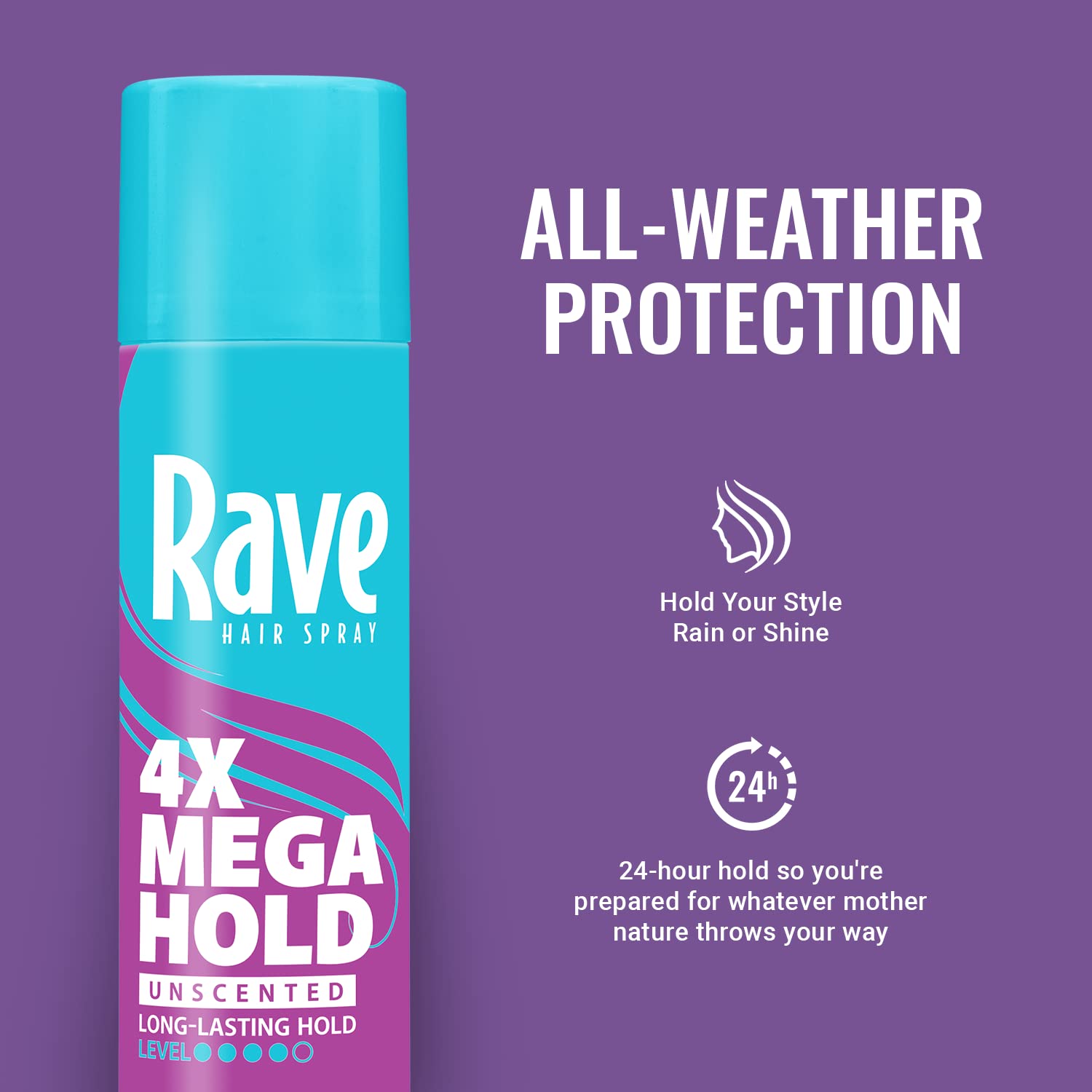 rave 4X Mega Unscented Aerosol Hairspray - Hair Spray for High Humidity Weather - 24-Hour Lasting Hold - Vitamin-Enhanced Hair Volume Spray - 11 oz