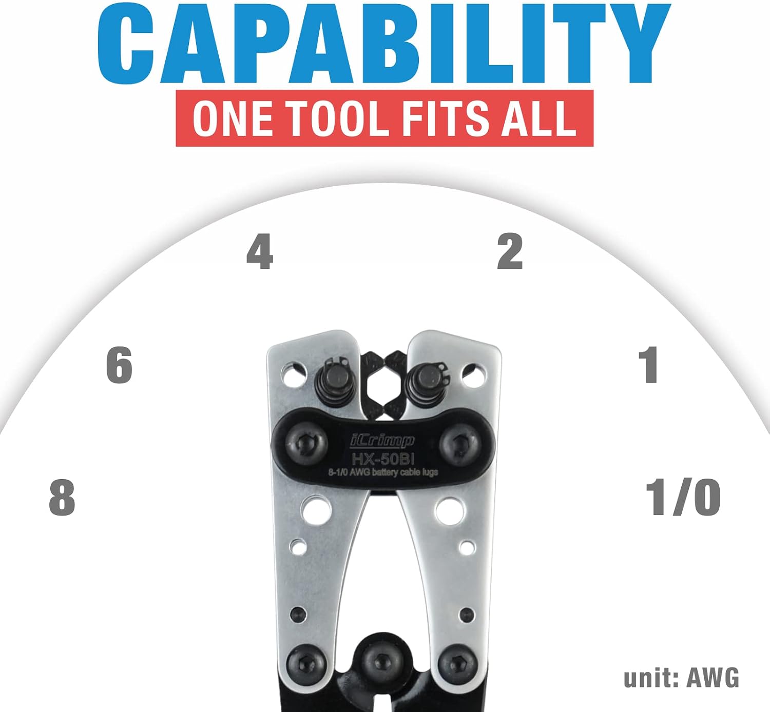 iCrimp Battery Cable Lug Crimping Tool for 8, 6, 4, 2, 1, 1/0 AWG Heavy Duty Wire Lugs, Battery Terminal, Copper Lugs with Wire Shear Cutter