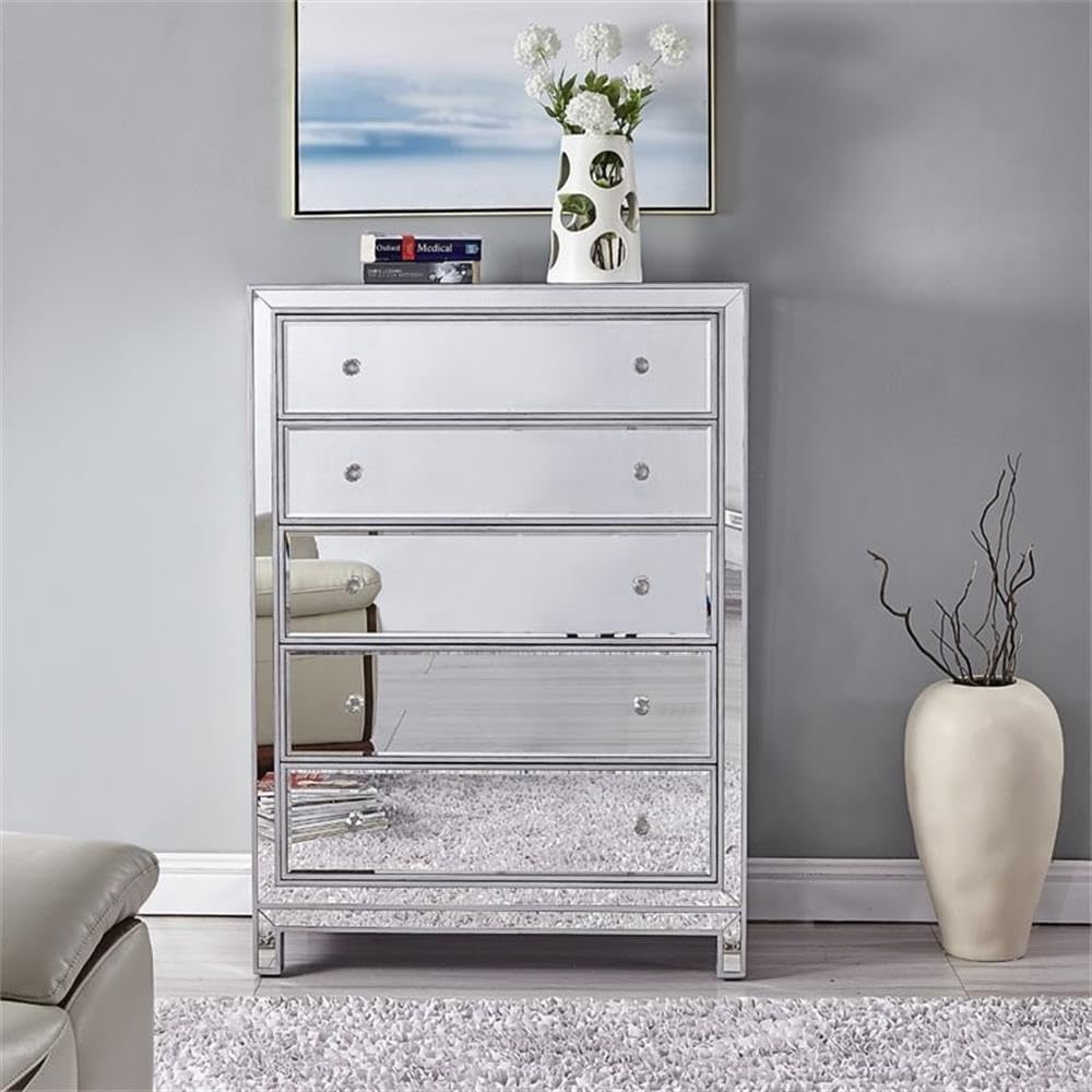 Reflexion 5 Drawer 48" Mirrored Chest in Antique Silver