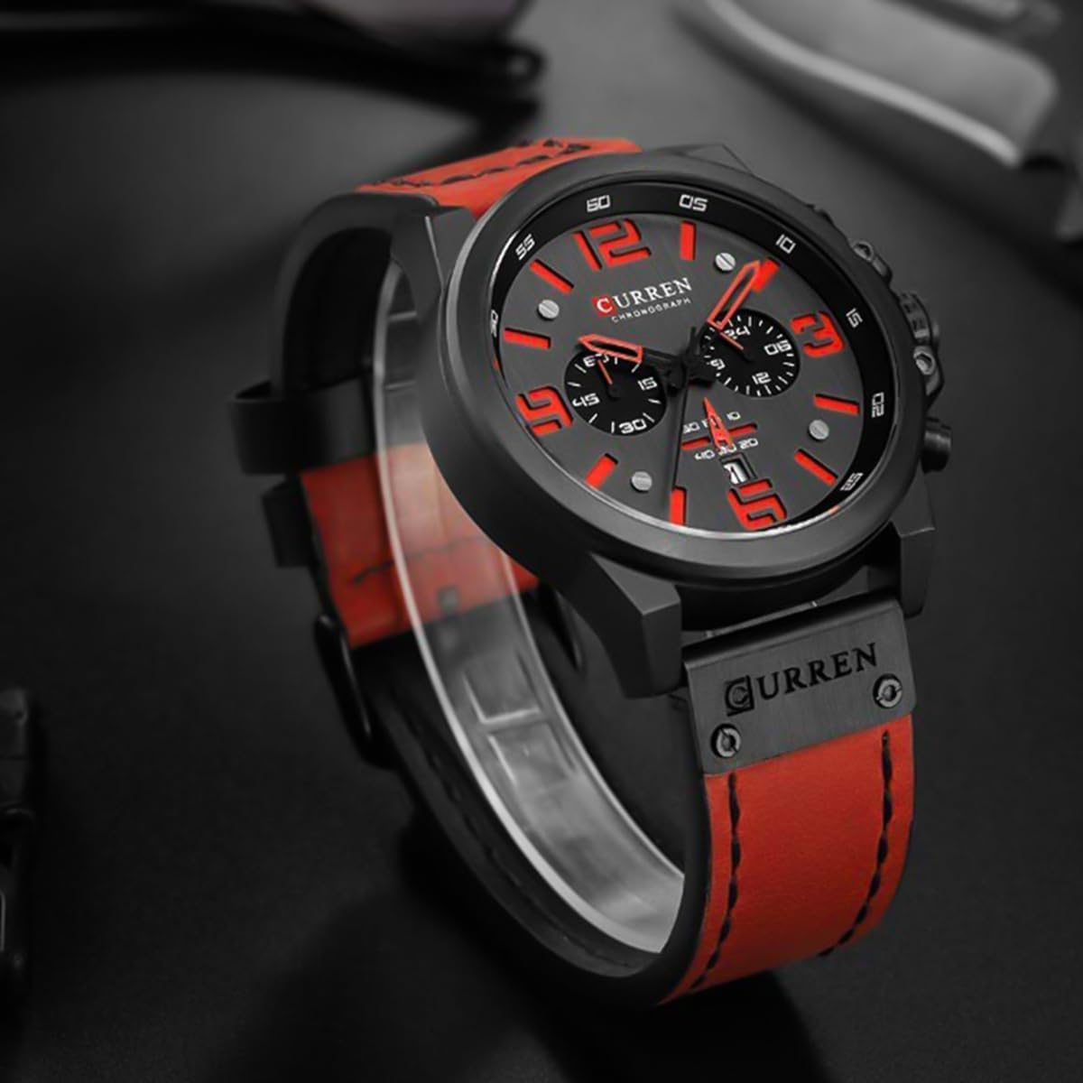 FANMIS Mens Classic Analog Quartz Chronograph Sandwich Dial Leather Watch