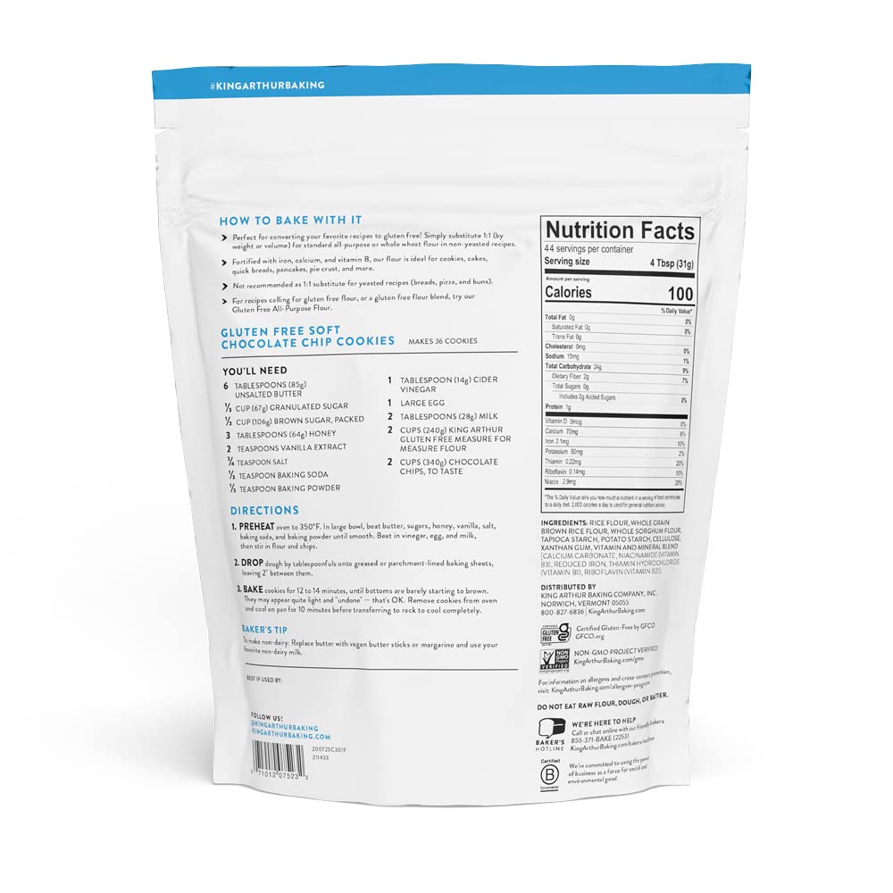 King Arthur Measure for Measure Gluten-Free Flour: All-Purpose 1:1 Substitute for Wheat Flour, Non-GMO, Kosher Certified, 3 lbs Bag for Baking Cookies, Cakes, Muffins
