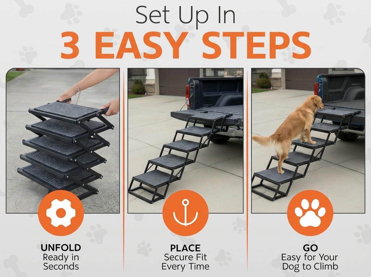 Foldable Dog Stairs for Cars Trucks & SUVs - Heavy-Duty Carbon Steel Pet Ladder Supports 230LB - Non-Slip Metal Mesh Joint-Friendly Portable Ramp for Large Dogs - 5 Step Pet Stairs w/Mat
