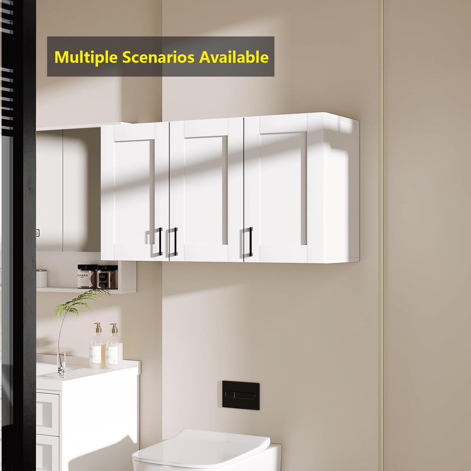 White Laundry Room Cabinets and Storage with 4 Doors and Utility Adjustable Shelf，Gabinetes Para Cocina Cupboard Kitchen Organizers and Storage Pantry Wall Mounted 12.4"D x 47.2"W x 19.7"H